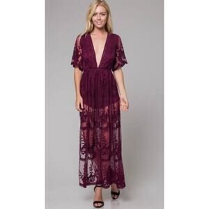 Honey Punch Lace Romper/Dress Size Medium Bergundy Deep V-Neck Fairy Gothic Boho